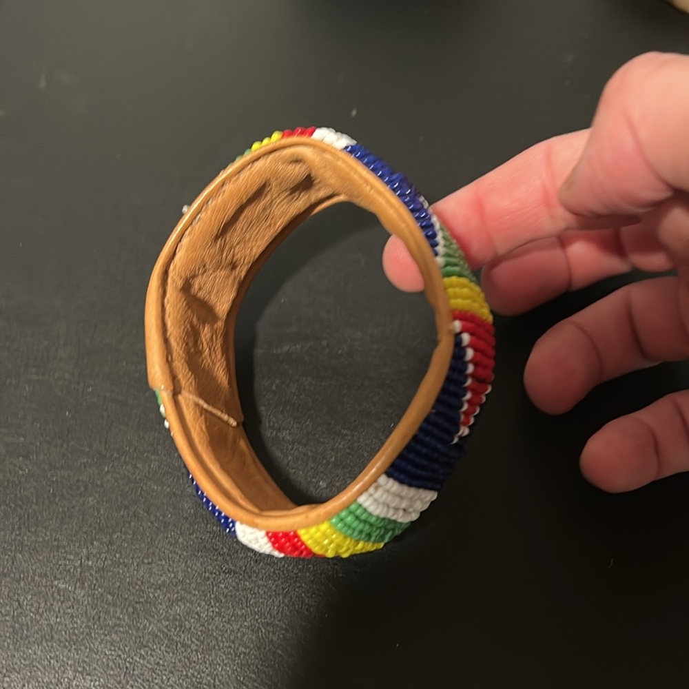 Colorful Beaded Bracelet with Tan Leather Interior - Picture 7 of 9